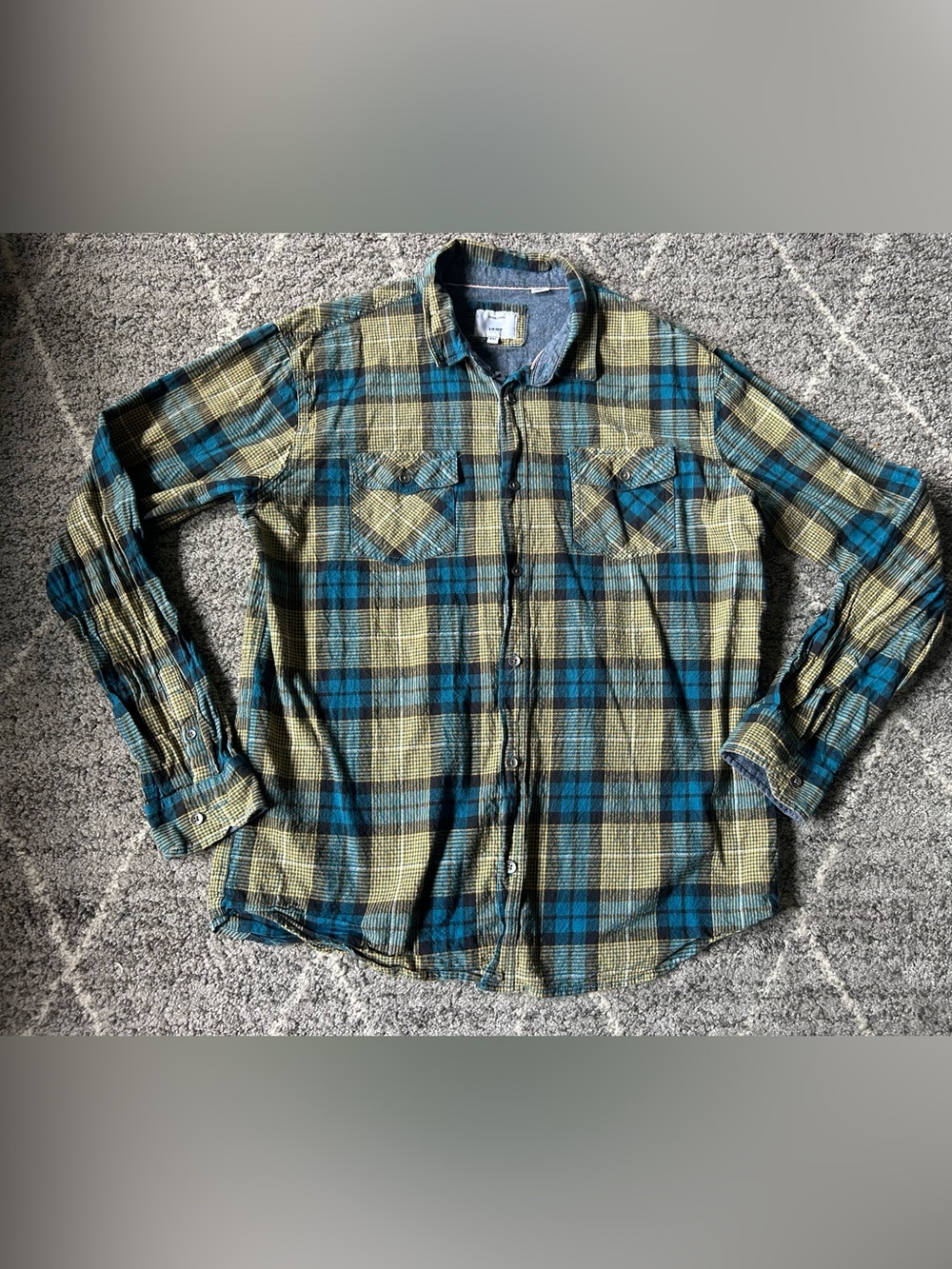 Men's Plaid Button-Up Flannel Shirt - Teal Black Yellow